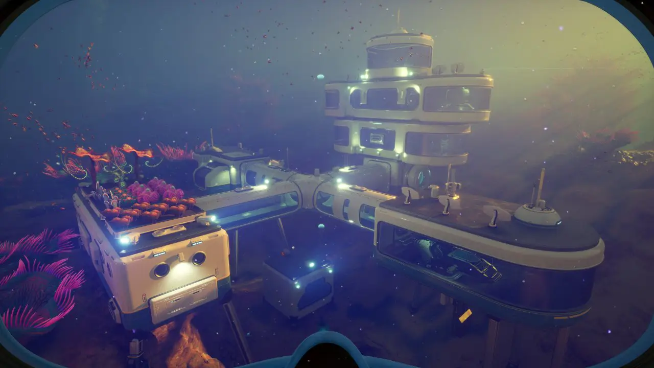 Unterwasserbase mit mehreren Modulen in Subnautica 2 – Blick durch Bullaugen-Perspektive