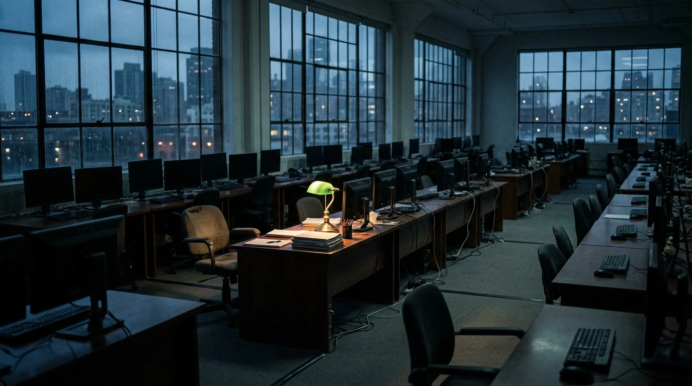 Verlassene Redaktion mit einer letzten brennenden Schreibtischlampe — 4Players.de von Funke übernommen