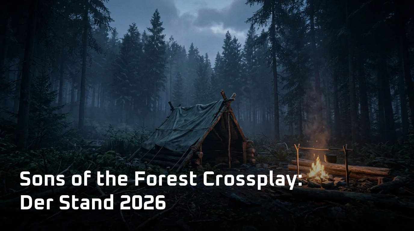 Behelfsunterkunft und Lagerfeuer in einem dunklen Nadelwald – Sons of the Forest Crossplay