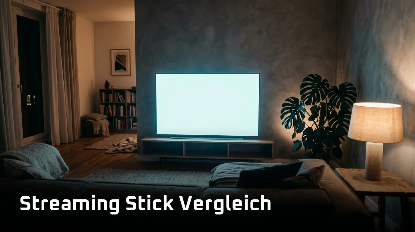 Dunkles Wohnzimmer am Abend, ein leuchtender Bildschirm wirft Licht über Sofa und Möbel