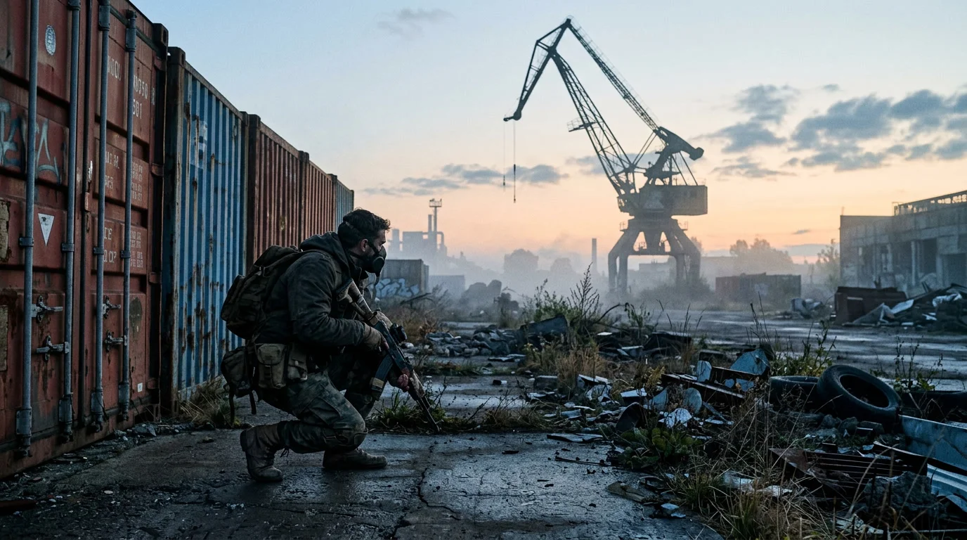 Einzelner Spieler in taktischer Ausruestung im Nebel einer verlassenen Industrieanlage — Sinnbild fuer Extraction Shooter ohne PvP