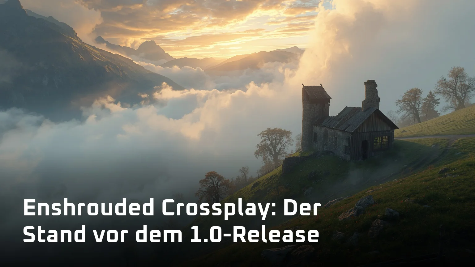 Nebelverhangenes Fantasy-Tal mit Ruinen und Holzhalle als Motiv zu Enshrouded Crossplay