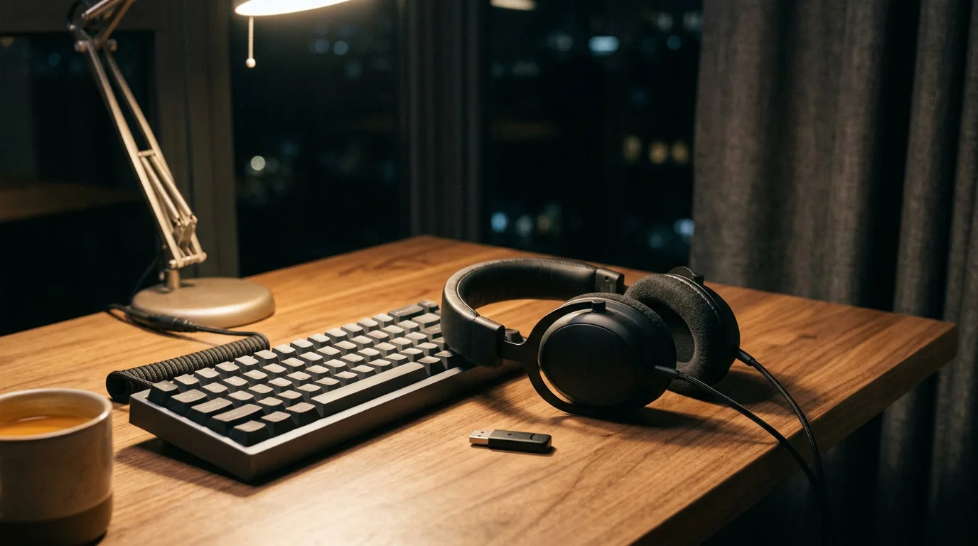 Gaming-Headset auf einem aufgeräumten Schreibtisch neben Tastatur am Abend, Thema Gaming Headset kabellos Einsteiger