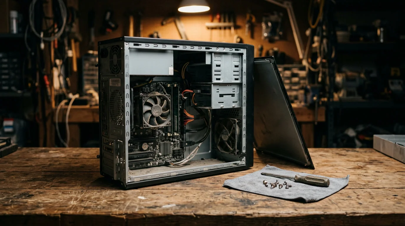 Geöffnetes PC-Gehäuse auf einem Werktisch mit Schraubendreher daneben, Thema PC aufrüsten oder neu kaufen