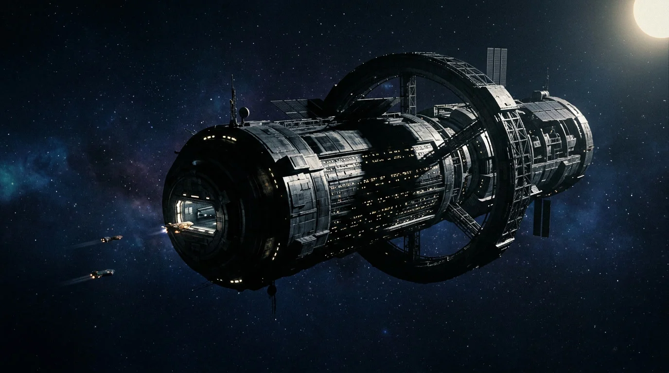 Große zylindrische Raumstation vor einem Sternenfeld — Babylon 5 Kultserie