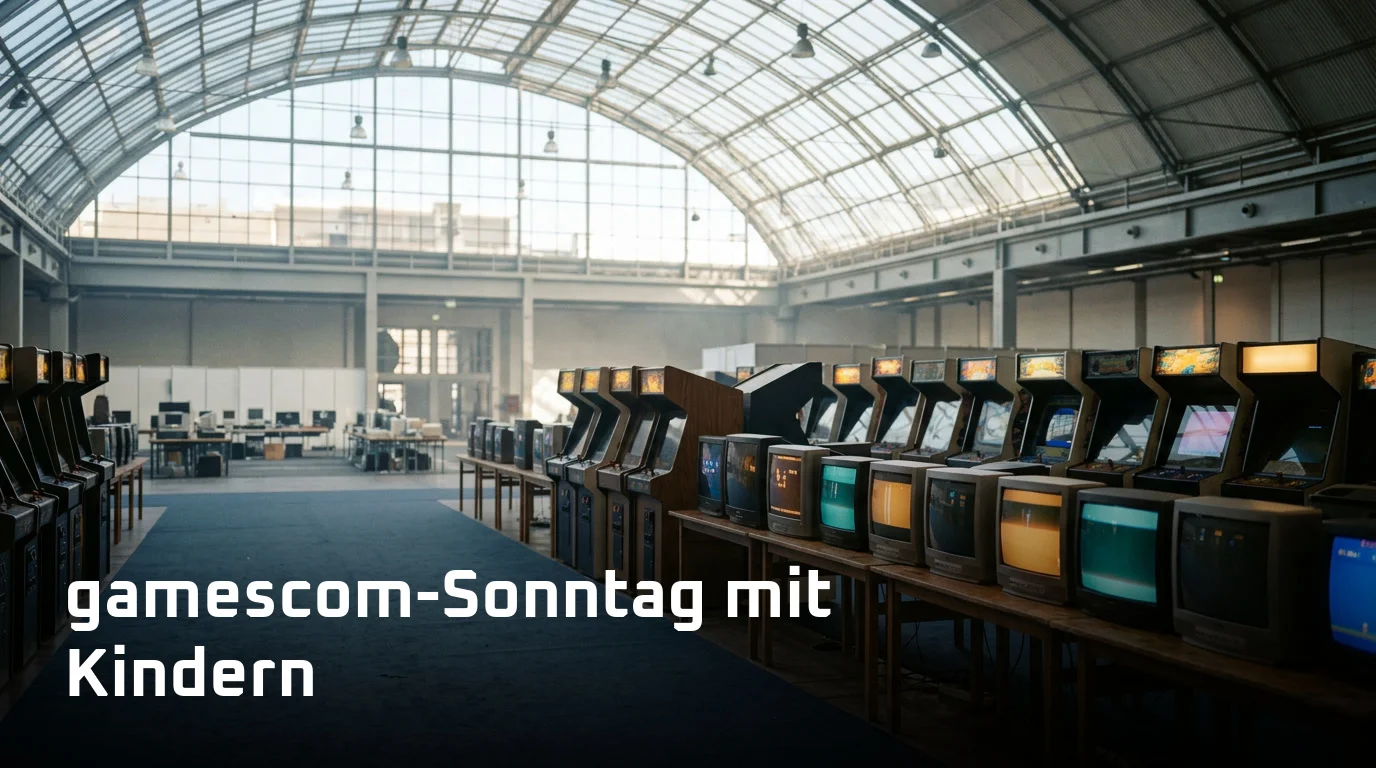Halle mit alten Arcade-Automaten und Röhrenfernsehern im Tageslicht, Thema gamescom mit Kindern