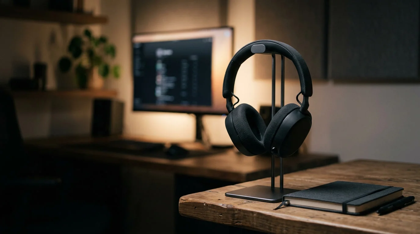 Headset auf einem Schreibtisch neben Monitor und Notizbuch am Abend, Thema Gaming Headset kabellos Mittelklasse