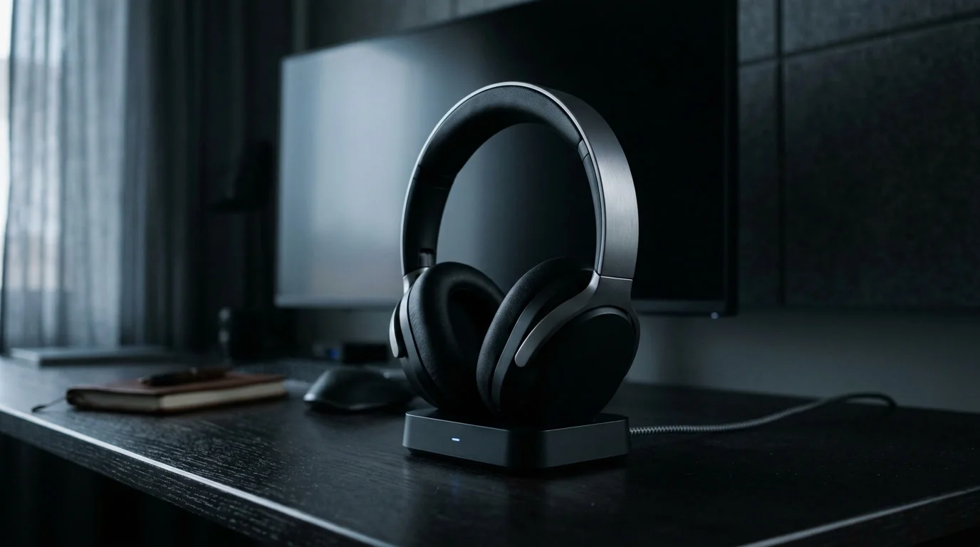 Hochwertiges Headset auf einer Ladestation neben einem dunklen Monitor, Thema High End Gaming Headset kabellos