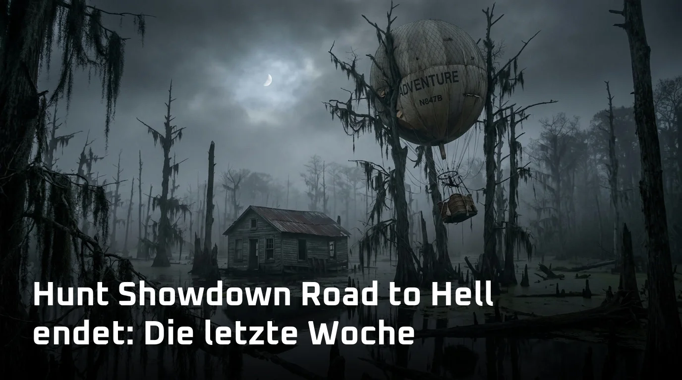 Nebelverhangener Bayou bei Nacht mit abgestürztem Gasballon zum Ende von Hunt Showdown Road to Hell