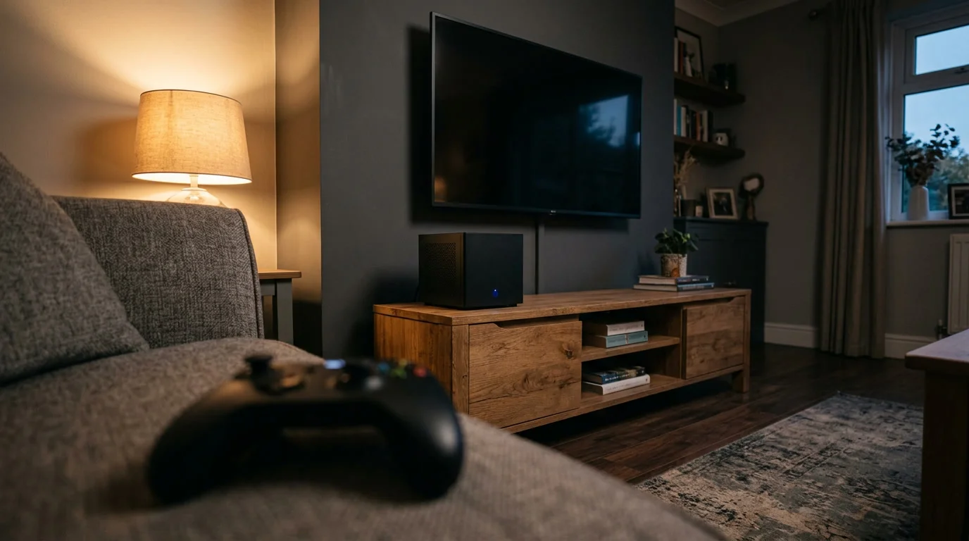 Kompakter würfelförmiger Wohnzimmer-PC unter einem Fernseher im abendlichen Wohnzimmer, Thema Steam Machine kaufen
