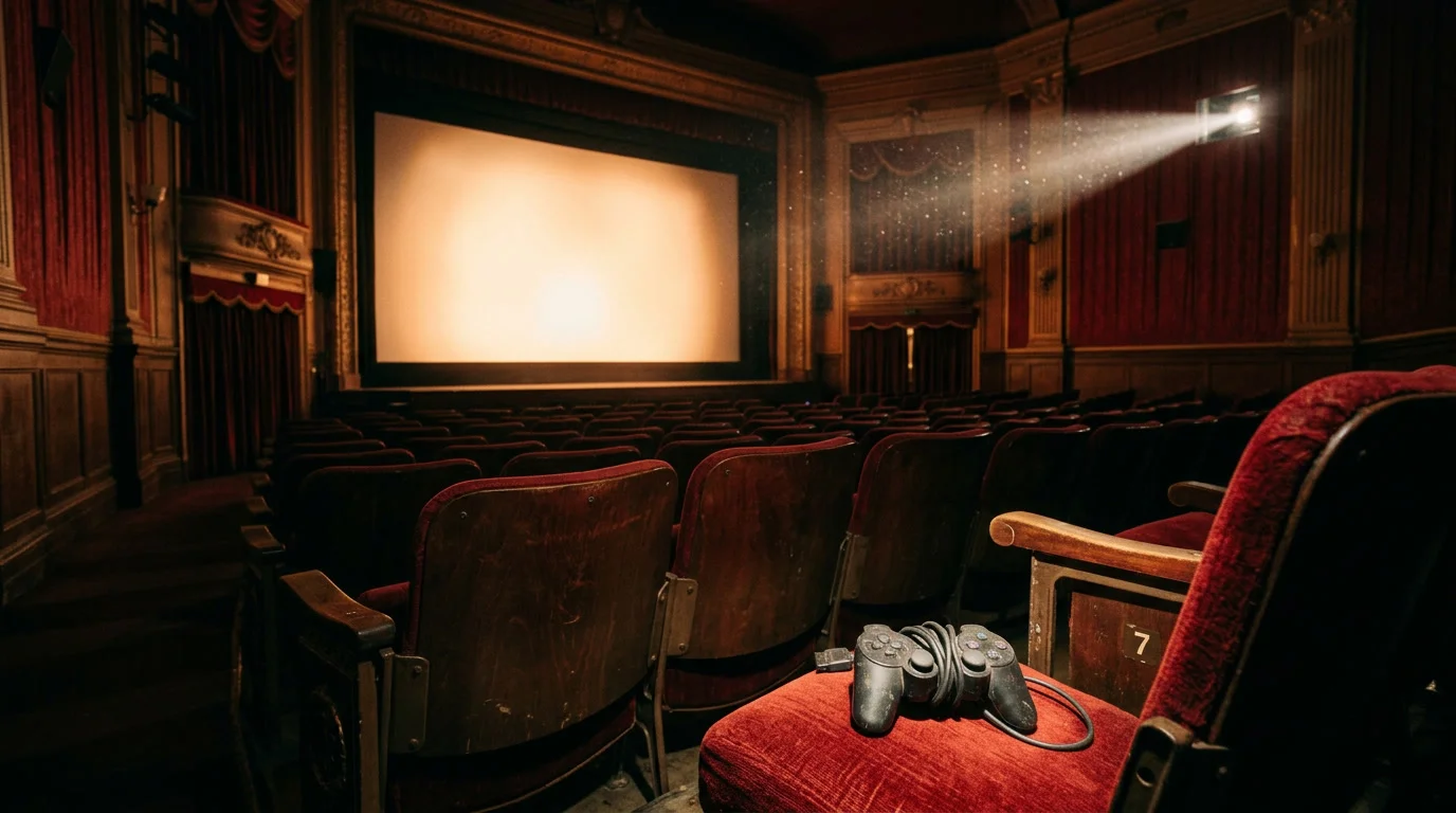 Leerer Kinosaal mit einem Gamepad auf einem Sitz — Videospiele für Filmfans
