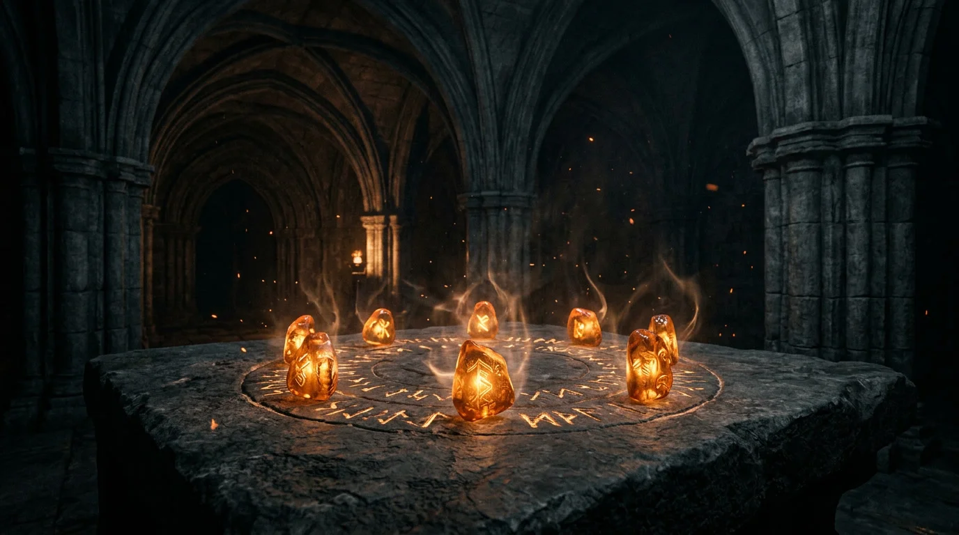 Leuchtende Runensteine auf einem dunklen Steintisch — Diablo 4 Glyphen leveln