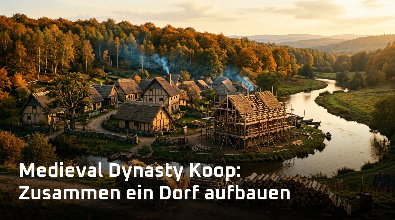 Mittelalterliches Dorf am Flussufer mit halbfertiger Scheune - Titelbild zum Medieval Dynasty Koop