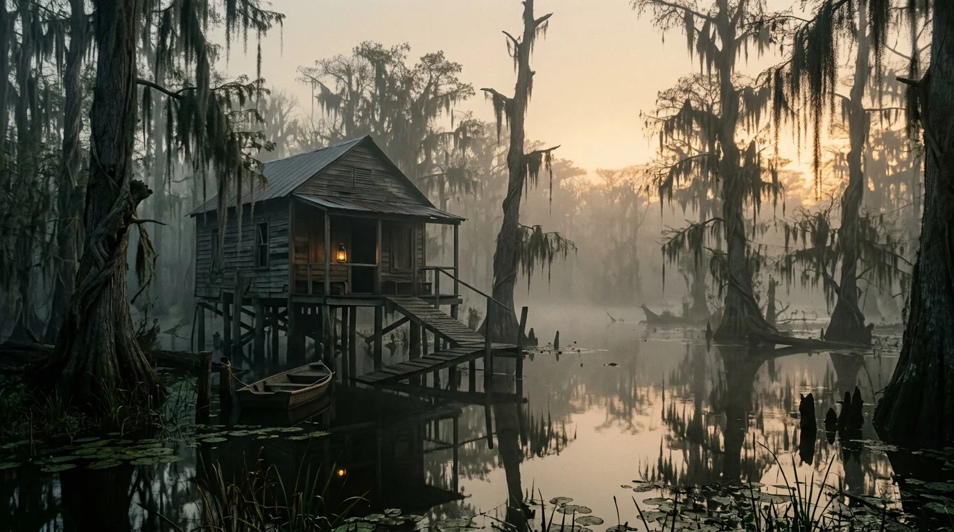 Nebliger Sumpf bei Dämmerung mit verfallener Holzhütte — Was ist Hunt Showdown
