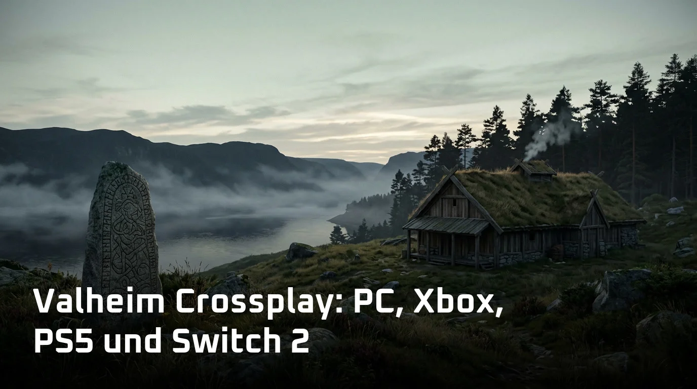 Nordisches Langhaus über einem nebligen Fjord mit Runenstein – Valheim Crossplay
