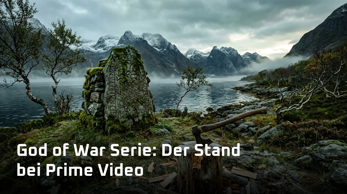 Runenstein und Axt an einem nebligen Fjordufer – God of War Serie