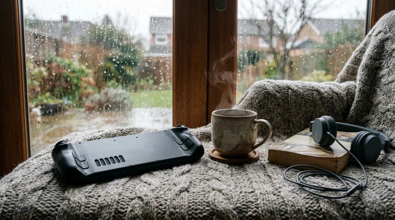 Tragbarer Spielehandheld auf einer Decke neben einer Tasse am Fenster, Thema Handheld PC Vergleich