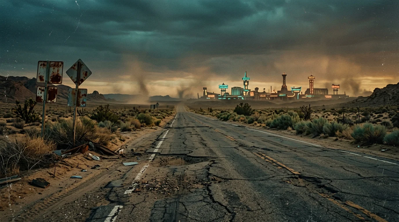 Verlassene Wüstenstadt mit Neonruinen bei Dämmerung, Sinnbild für Fallout Staffel 3