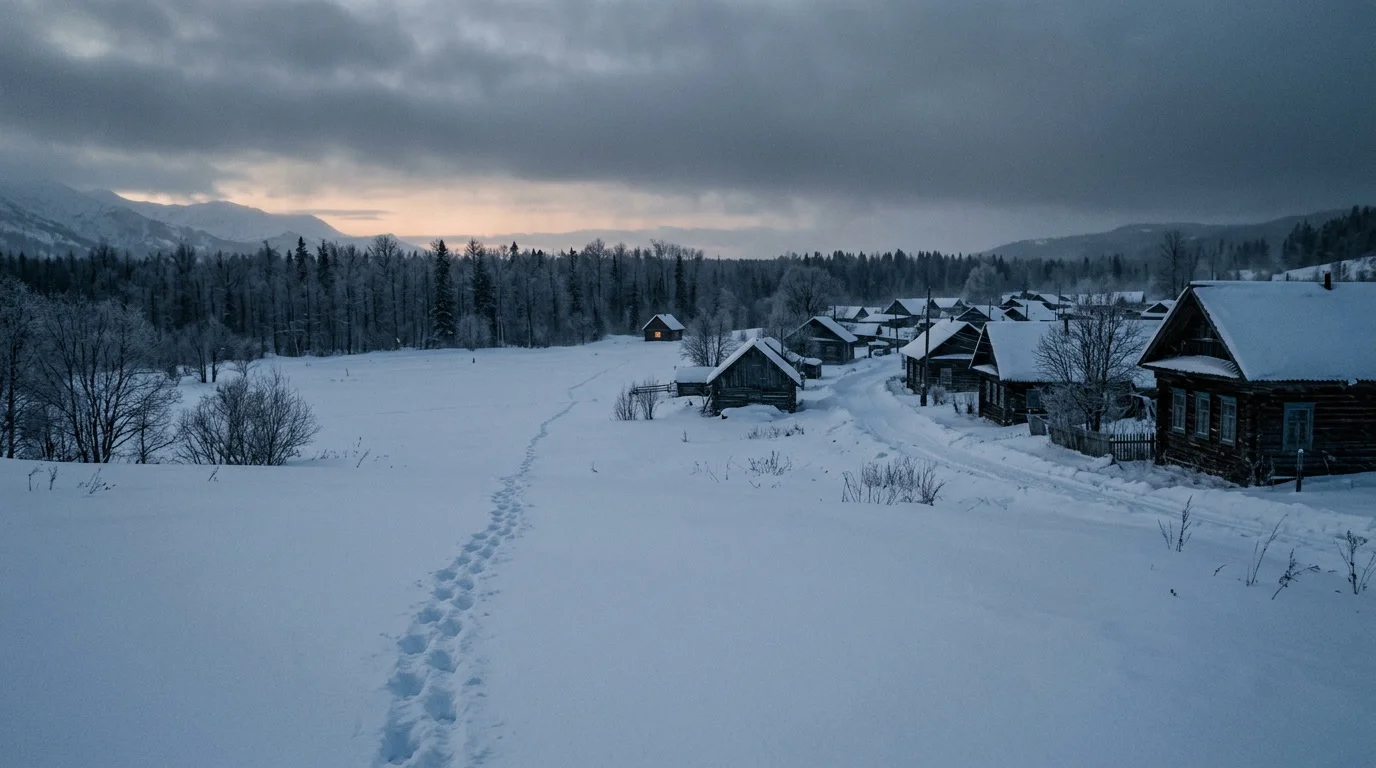 Verschneite Kleinstadt im Zwielicht mit vereisten Häusern und Spuren im Schnee, Thema Blackfrost The Long Dark 2