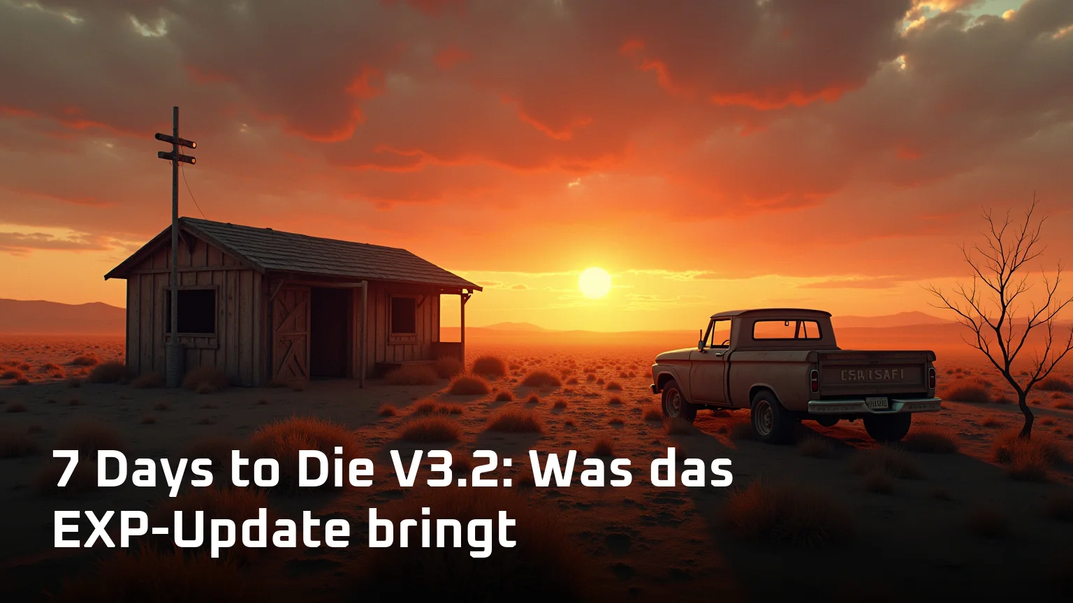 Verwitterter Unterschlupf und rostiger Pickup bei Sonnenuntergang im Ödland – 7 Days to Die V3.2