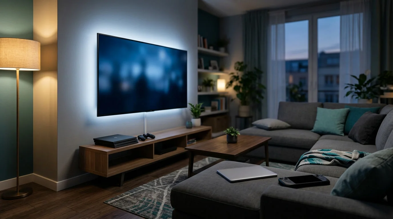 Wohnzimmer mit Konsole, Laptop und Handheld im Fernsehlicht - Titelbild zum Vergleich der Xbox Game Pass Stufen