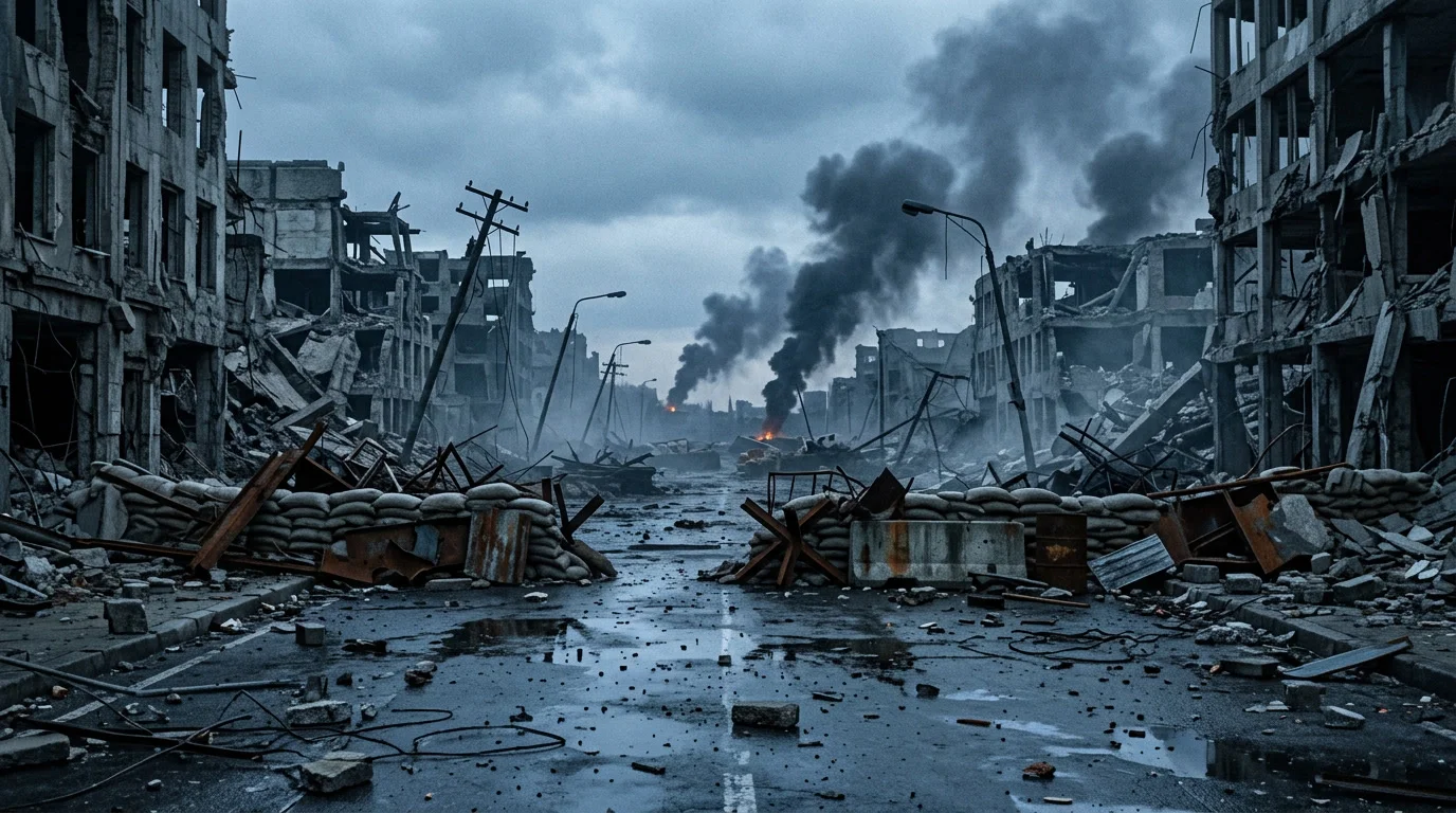 Zerstörte Innenstadt bei Morgengrauen mit Rauchsäulen und Barrikaden, Thema Gears of War E-Day
