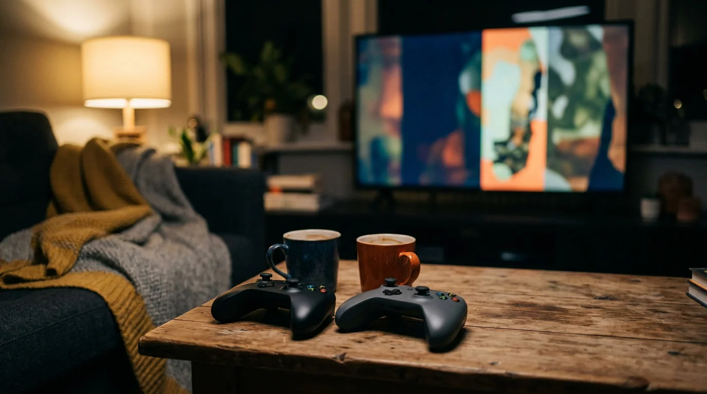 Zwei Controller auf einem Sofatisch vor einem geteilten Bildschirm, Thema Couch Koop Spiele