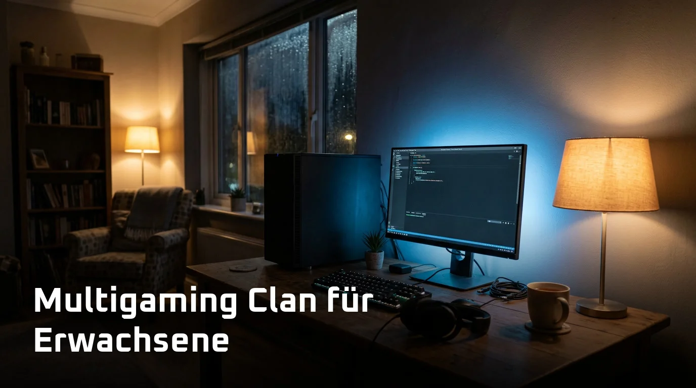 Abendlicher Schreibtisch mit PC, Tastatur und Headset im Licht einer Tischlampe