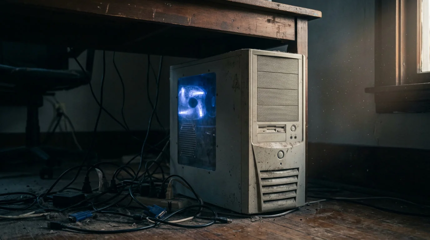 Älterer Desktop-Rechner unter einem Schreibtisch mit blau leuchtendem Lüfter in einem abgedunkelten Raum