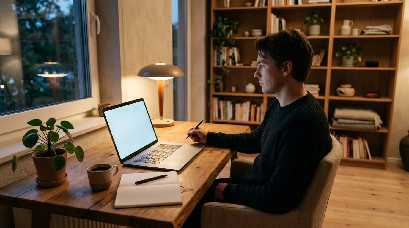 Aufgeklappter Laptop auf einem Holzschreibtisch im gemütlichen Homeoffice bei Abendlicht, ohne erkennbare Marke