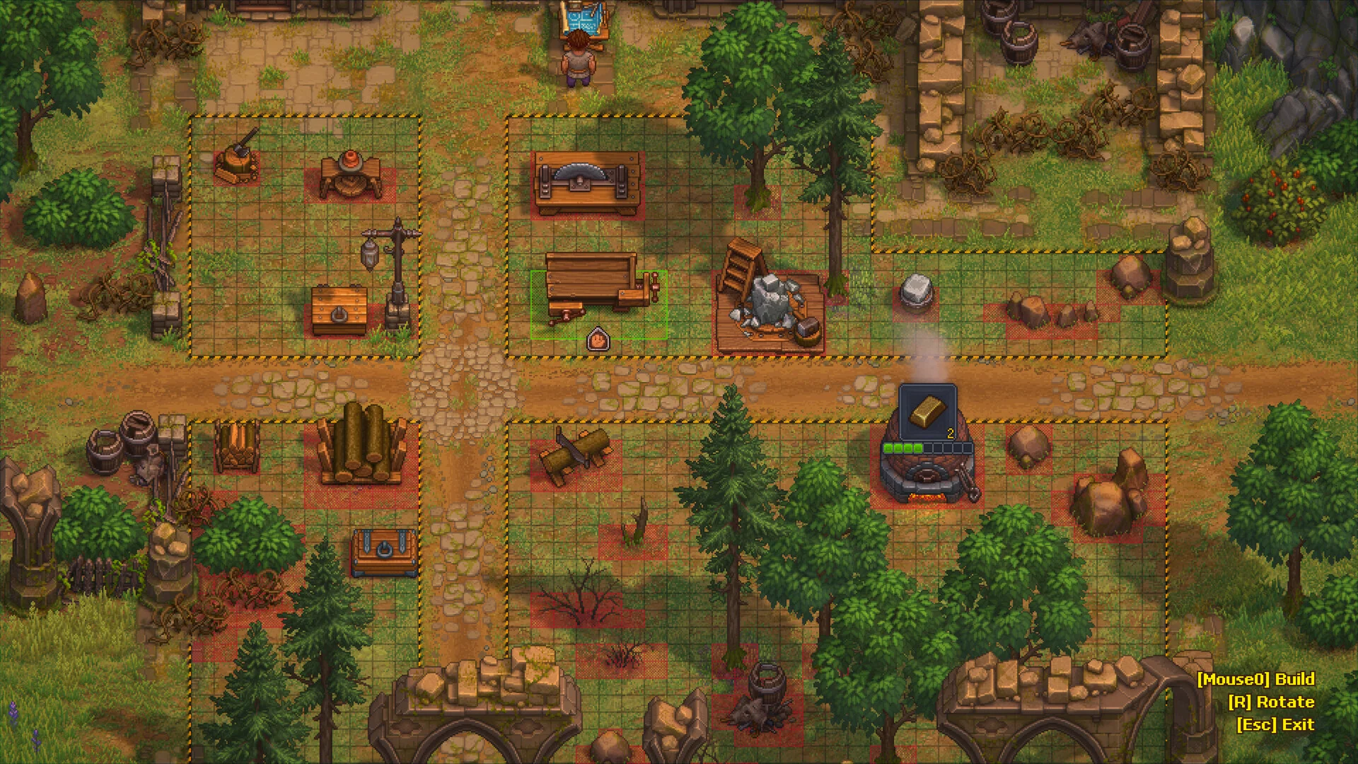 Baumodus in Graveyard Keeper 2: Werkbänke, Sägewerk und Schmelzofen auf einem gelb markierten Bauraster in einer Pixel-Art-Waldlichtung
