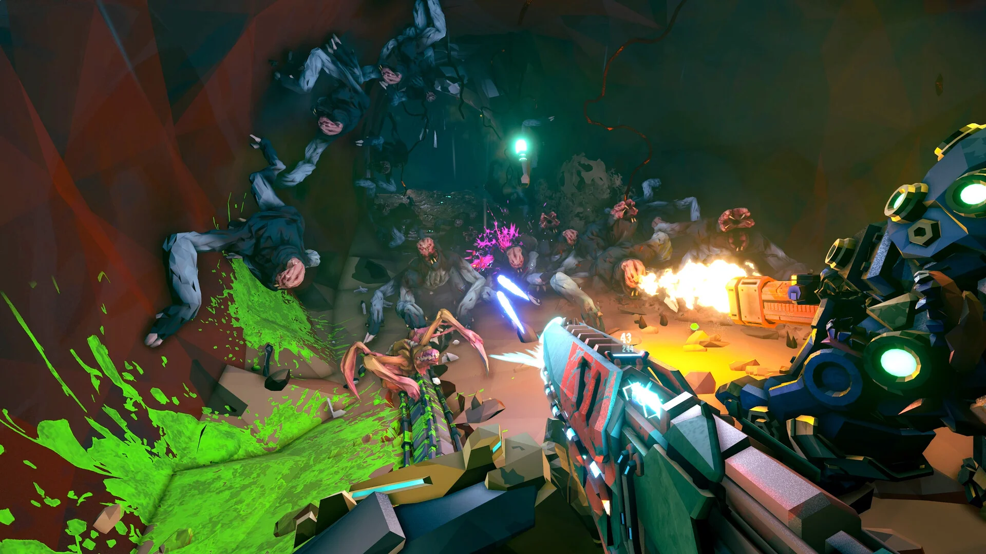 Beleuchtete Höhle mit Erzadern und schwerem Bergbaugerät aus Deep Rock Galactic Rogue Core