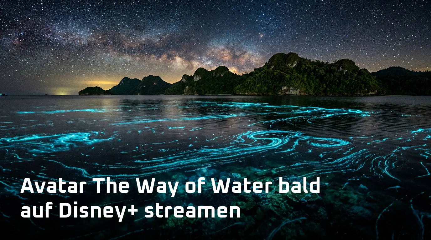 Biolumineszentes Meer bei Nacht mit leuchtenden Planktonspuren über einem Korallenriff