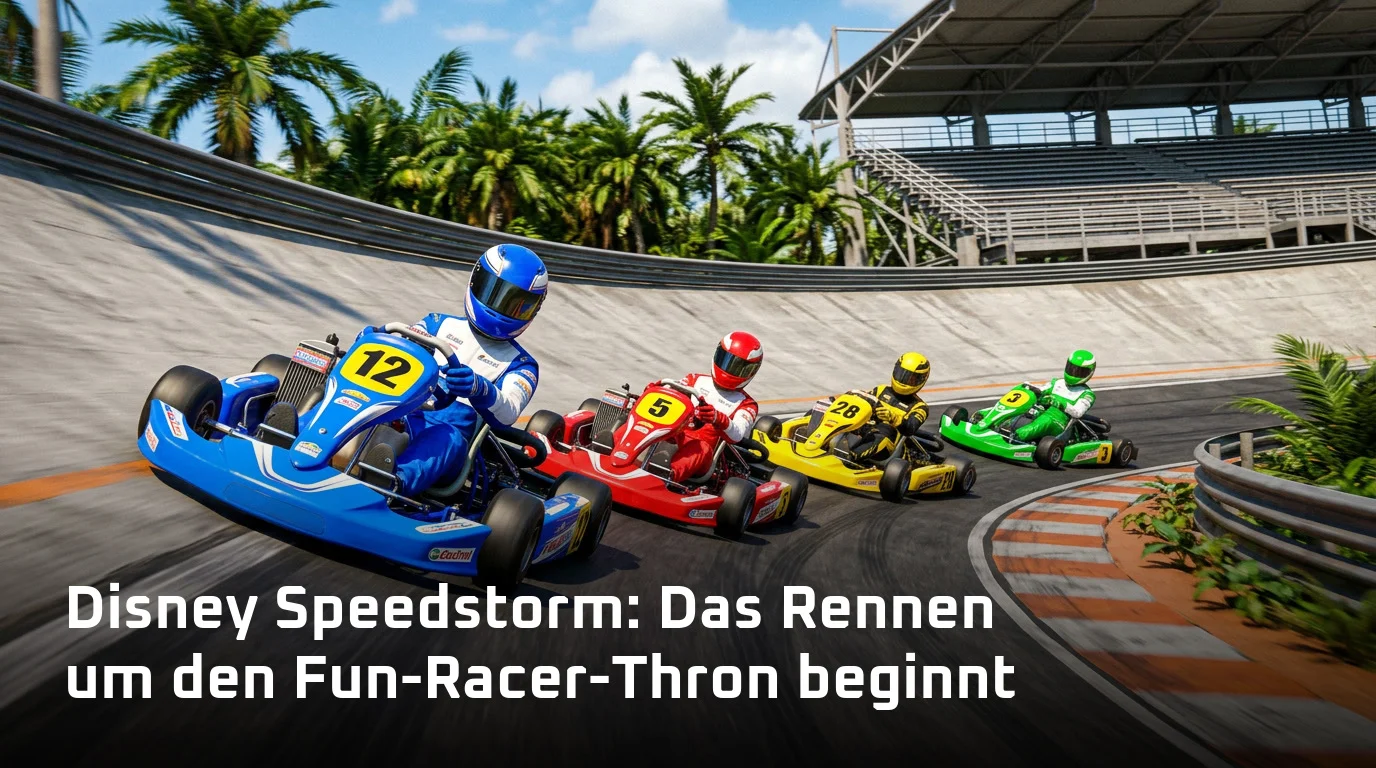 Bunte Karts in einer überhöhten Kurve auf einer tropischen Rennstrecke