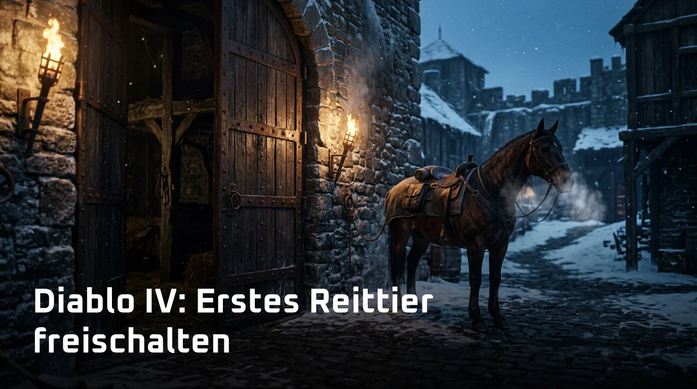 Diablo IV: Gesatteltes Pferd im Fackelschein vor einem Stalltor in einer verschneiten Festungsstadt
