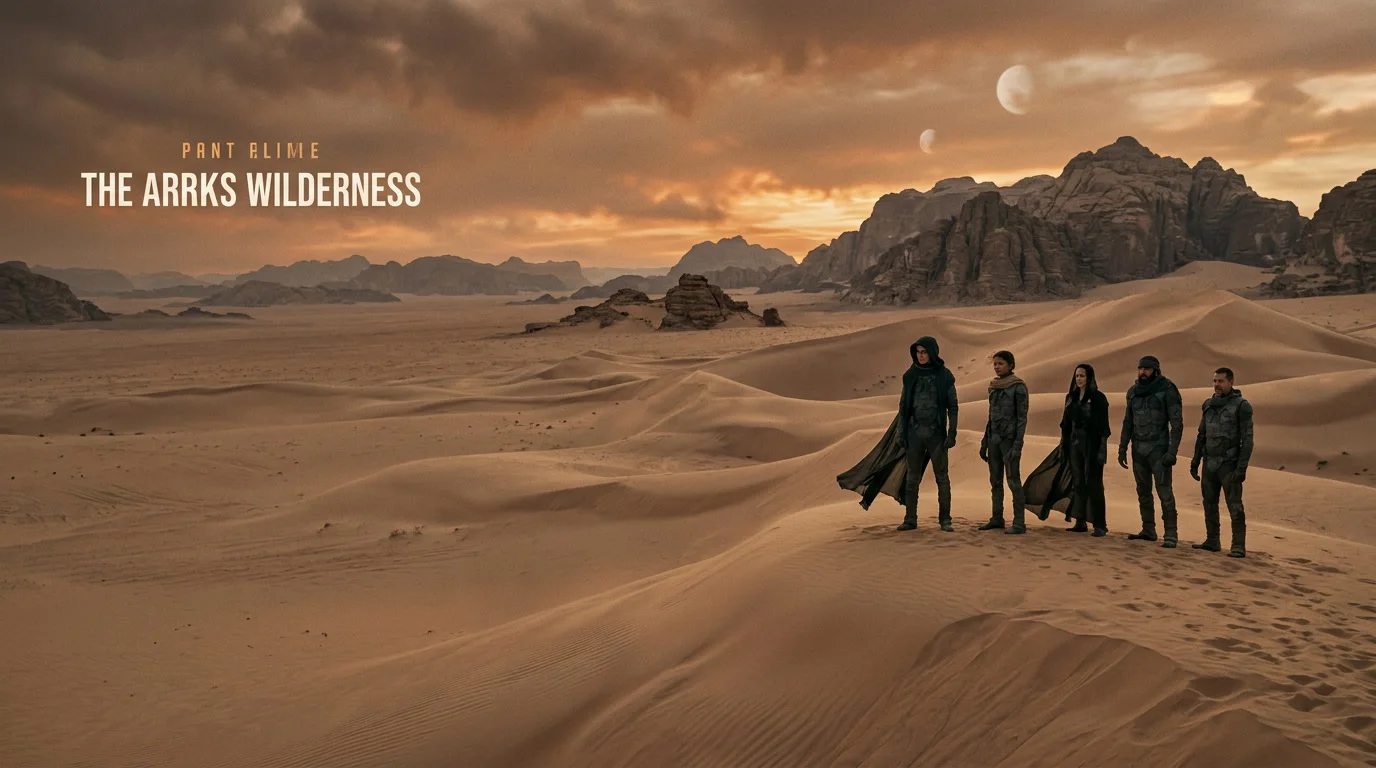 Dune Part Three: Wuestenplanet Arrakis mit Sandwurm und Fremen-Kriegern vor Sonnenaufgang als Kinostart-Motiv