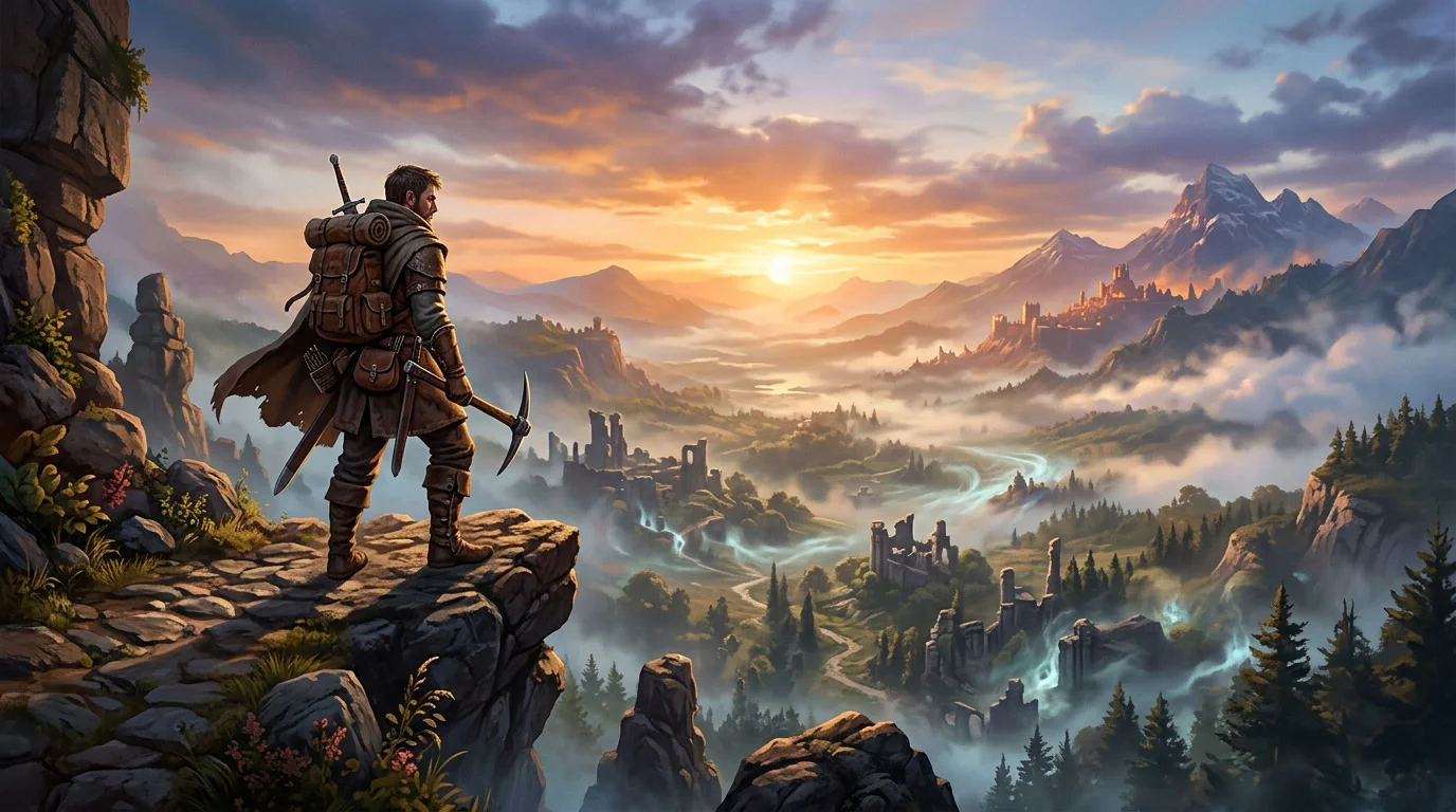 Enshrouded 1.0 vorbereiten: Spielercharakter blickt über Embervale, Kalender zeigt den 15. Oktober 2026