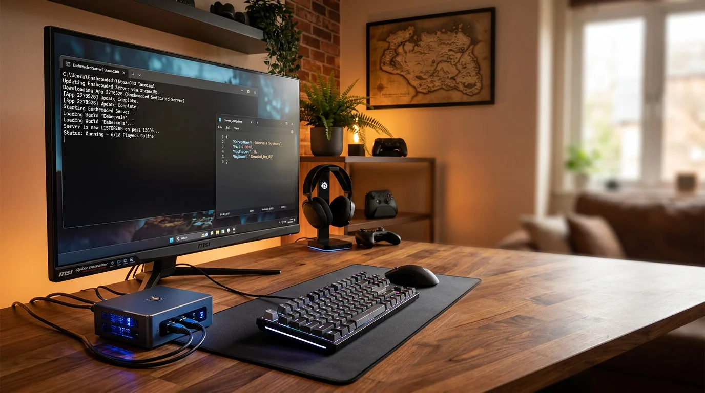 Enshrouded Dedicated Server: Mini-PC mit SteamCMD-Terminal und Serverkonfiguration für die Spielrunde