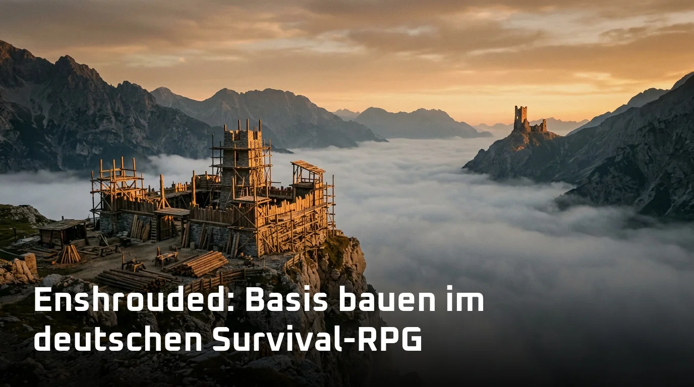 Enshrouded: Nebelverhangenes Tal mit einem halbfertigen Außenposten aus Holz und Stein auf einem Felsvorsprung