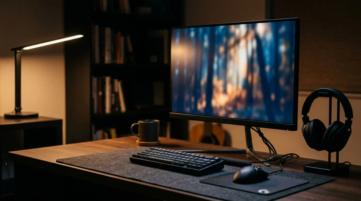 Gaming Monitor kaufen: 27-Zoll-WQHD-Bildschirm auf einem Schreibtisch mit Tastatur und Headset am Abend