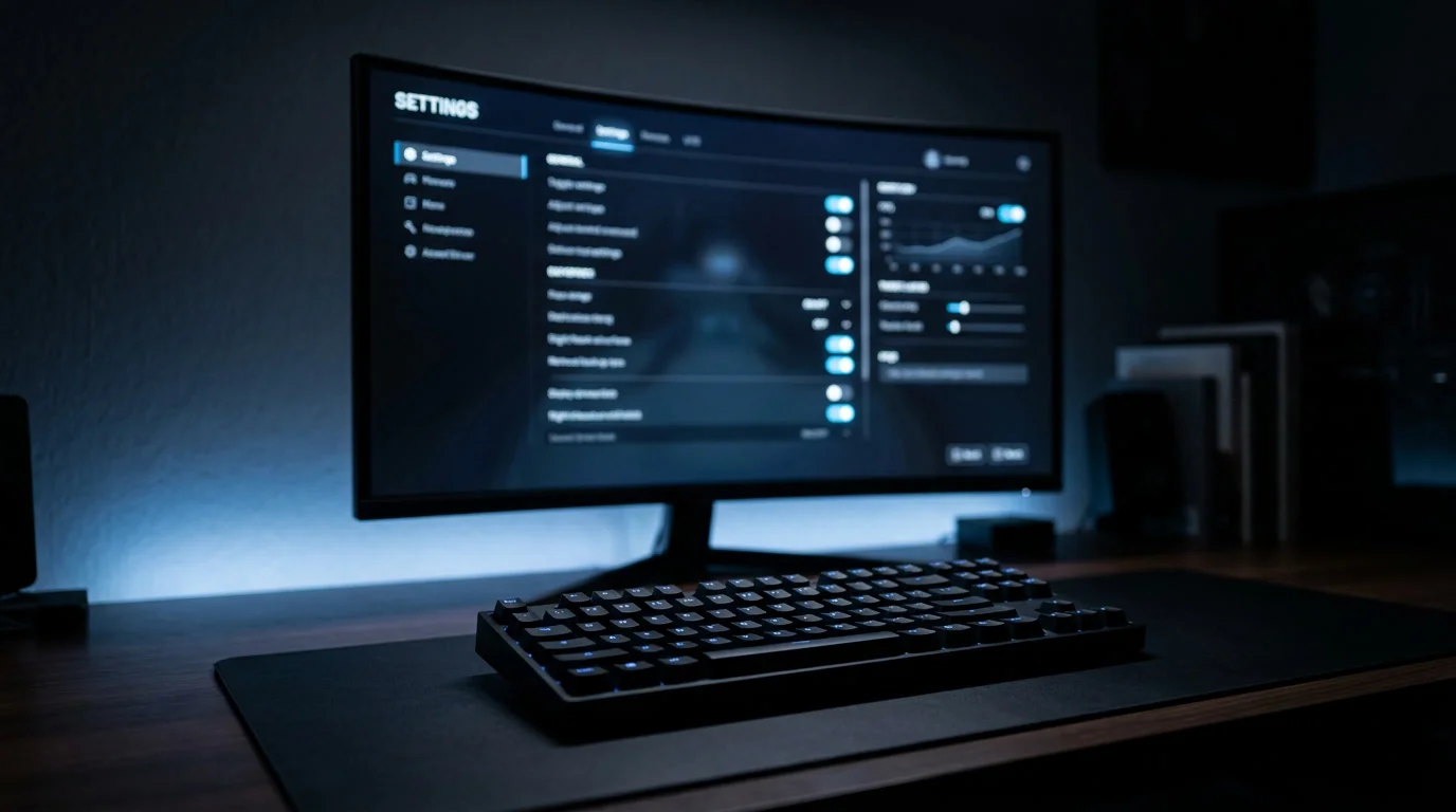 Gaming-Schreibtisch bei Nacht mit Monitor und beleuchteter Tastatur, KI-generiertes Motiv