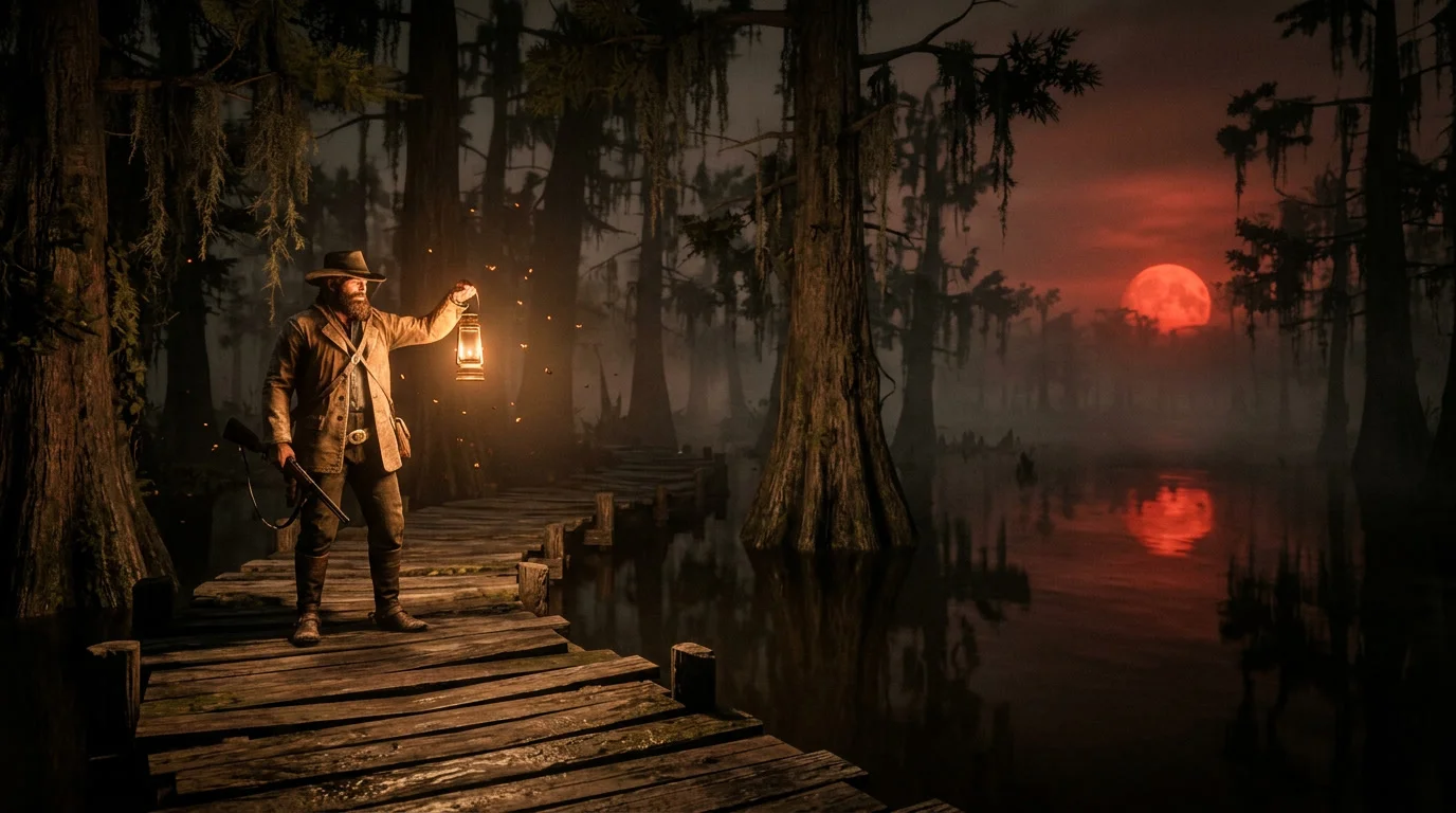 Hunt Showdown Update 2.9: Blood Moon über dem Bayou mit Blood Well und Jäger im roten Licht