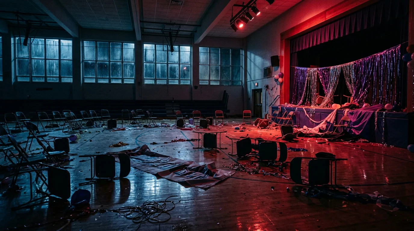 Leere Highschool-Turnhalle mit Ballschmuck, umgestürzten Stühlen und rotem Licht als Sinnbild für den Schlussakt der Geschichte
