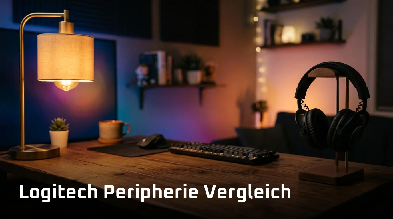 Logitech Peripherie Vergleich: Gaming-Schreibtisch am Abend im Lampenlicht