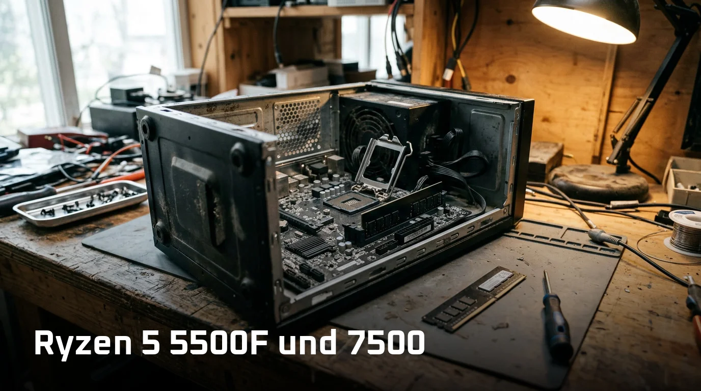 Offener PC auf einem Werktisch, Prozessorsockel des Mainboards freigelegt