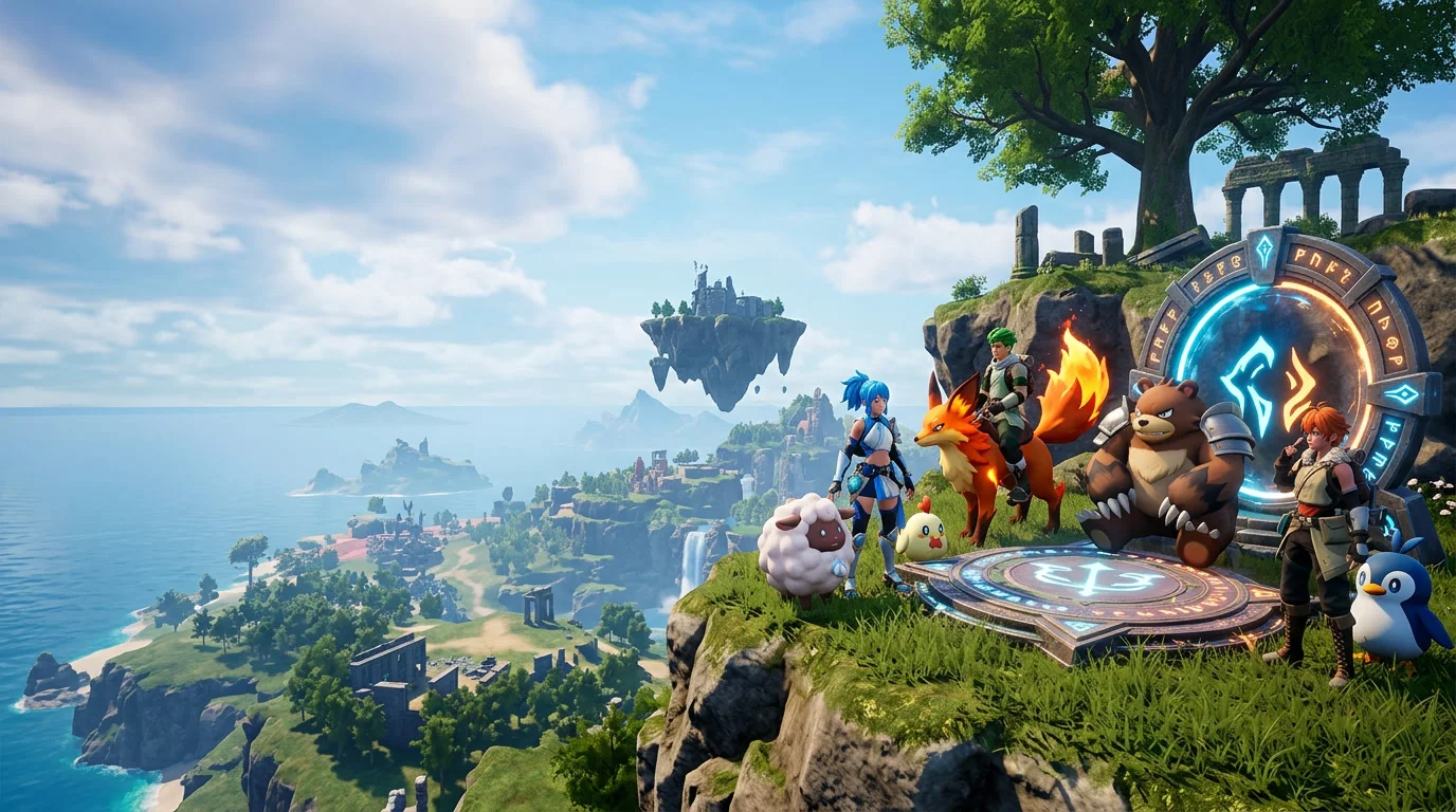 Palworld Crossplay auf einen Blick: Symbole von PC, Xbox, PS5 und Mac vor einer Pal-Basis im Sonnenuntergang
