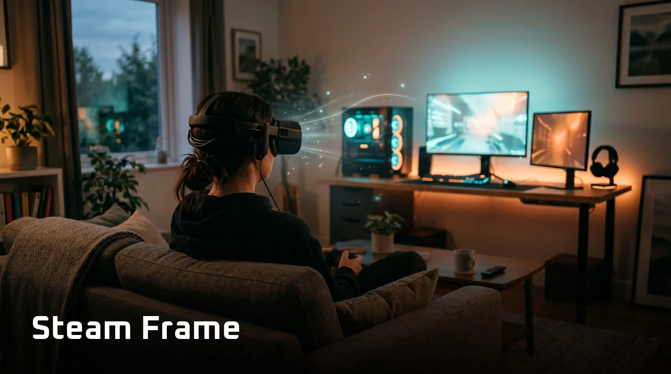 Person auf dem Sofa mit VR-Headset vor einem leuchtenden Bildschirm, KI-generiertes Motiv