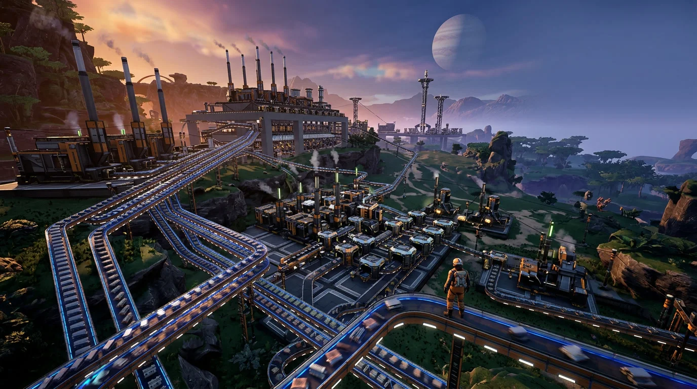 Satisfactory Guide: Fabrik mit Förderbändern, Splittern und Schmelzern auf einer Ebene aufgebaut