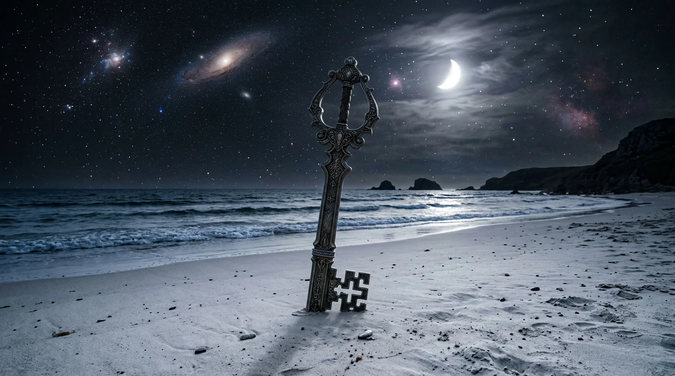 Schlüsselschwert vor einem sternenübersäten Nachthimmel als Motiv der Kingdom-Hearts-Reihe