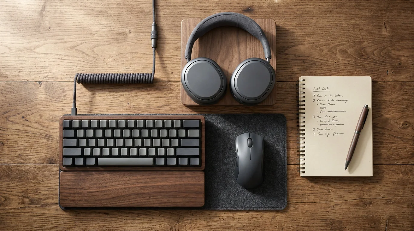 Schreibtisch mit Tastatur, Maus und Headset von oben, daneben ein Notizblock mit handschriftlicher Liste